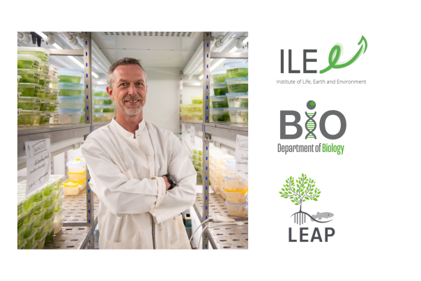Frédéric Silvestre et les logos de ses affiliations (UNamur, Institut ILEE, Département de biologie, laboratoire LEAP)