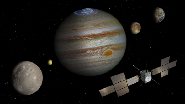 Vue de la sonde Juice autour de la planète Jupiter
