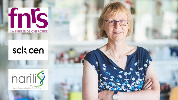 Photo de Carine Michiels avec les logos FNRS, SCK CEN et institut de recherche NARILIS