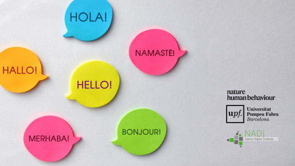 Post-its with hello in different languages, logos from Natrue Human Behaviour, UPF Barcelona and Namur Digital Institute in the framework of a publication