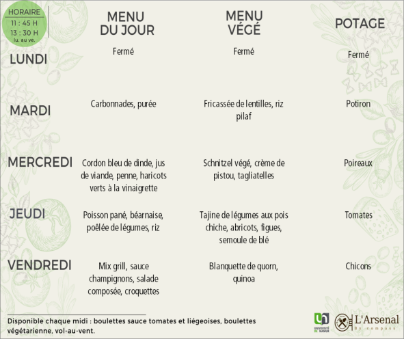 Menu de l'Arsenal du 21 au 25 avril 2025