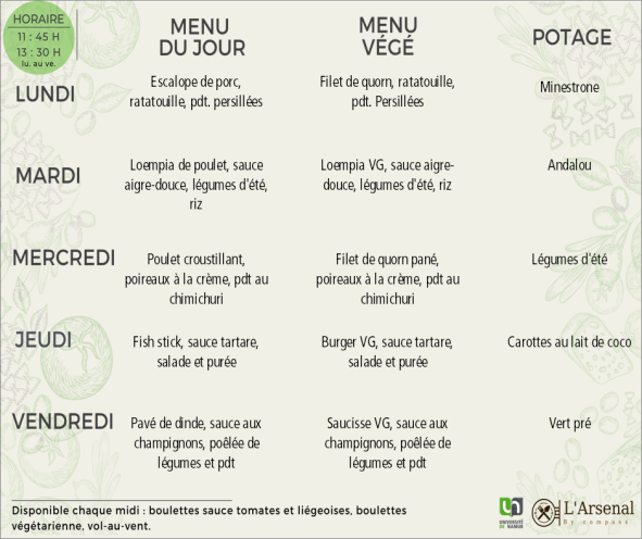 Menu de l'Arsenal (semaine 26/2025)