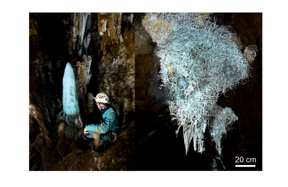 Gauche : Stalagmite bleue de la Grotte de Malaval. Droite : Bouquet d’aragonite bleue de la Grotte de Malaval © Gaëtan Rochez (UNamur)