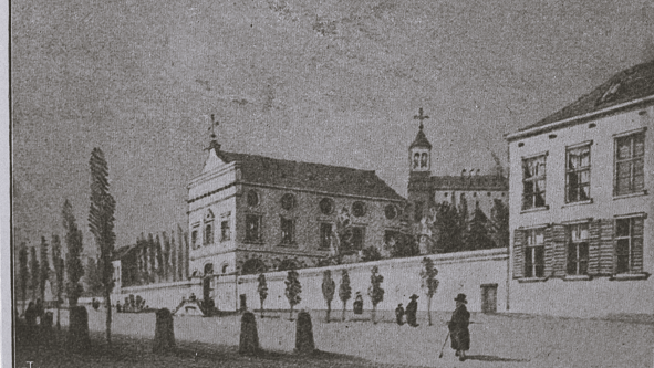 Vue du collège depuis la place du Palais de Justice, vers 1840-1845.