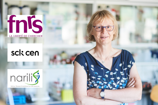 Photo de Carine Michiels avec les logos FNRS, SCK CEN et institut de recherche NARILIS