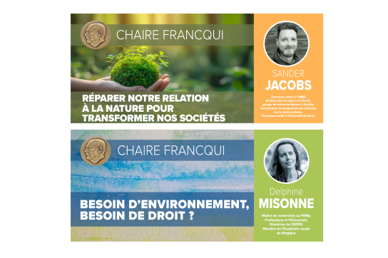 Affiches d'annonce des deux Chaires Francqui 2025-2026 à l'UNamur - Sander Jacobs (sciences) et Delphine Misonne (droit)