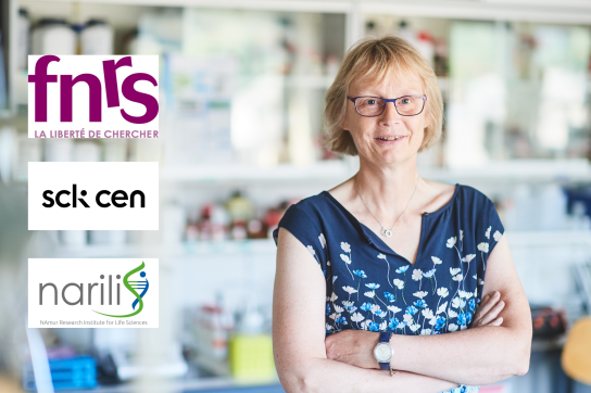 Photo de Carine Michiels avec les logos FNRS, SCK CEN et institut de recherche NARILIS