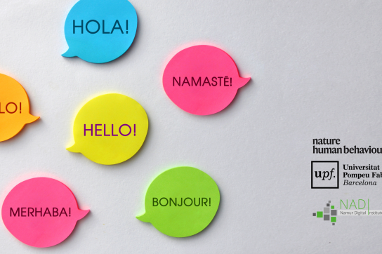 Post-its with hello in different languages, logos from Natrue Human Behaviour, UPF Barcelona and Namur Digital Institute in the framework of a publication